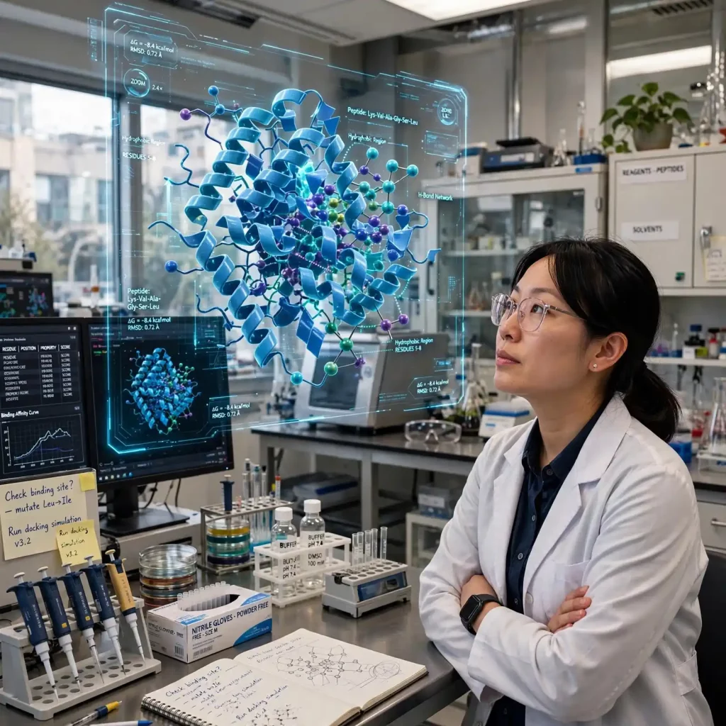 Scientist Studying 3D Protein Model