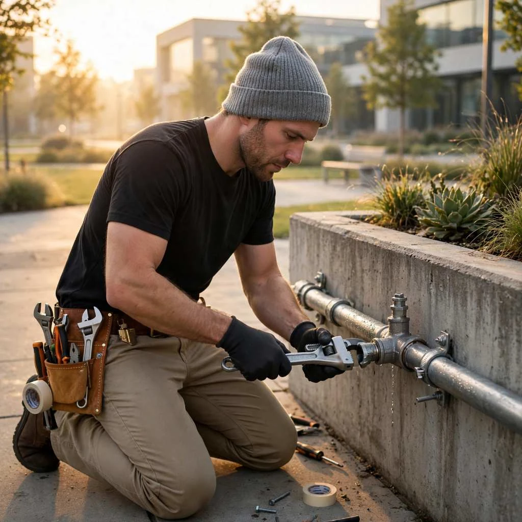 Plumber Fixing Outdoor Pipeline