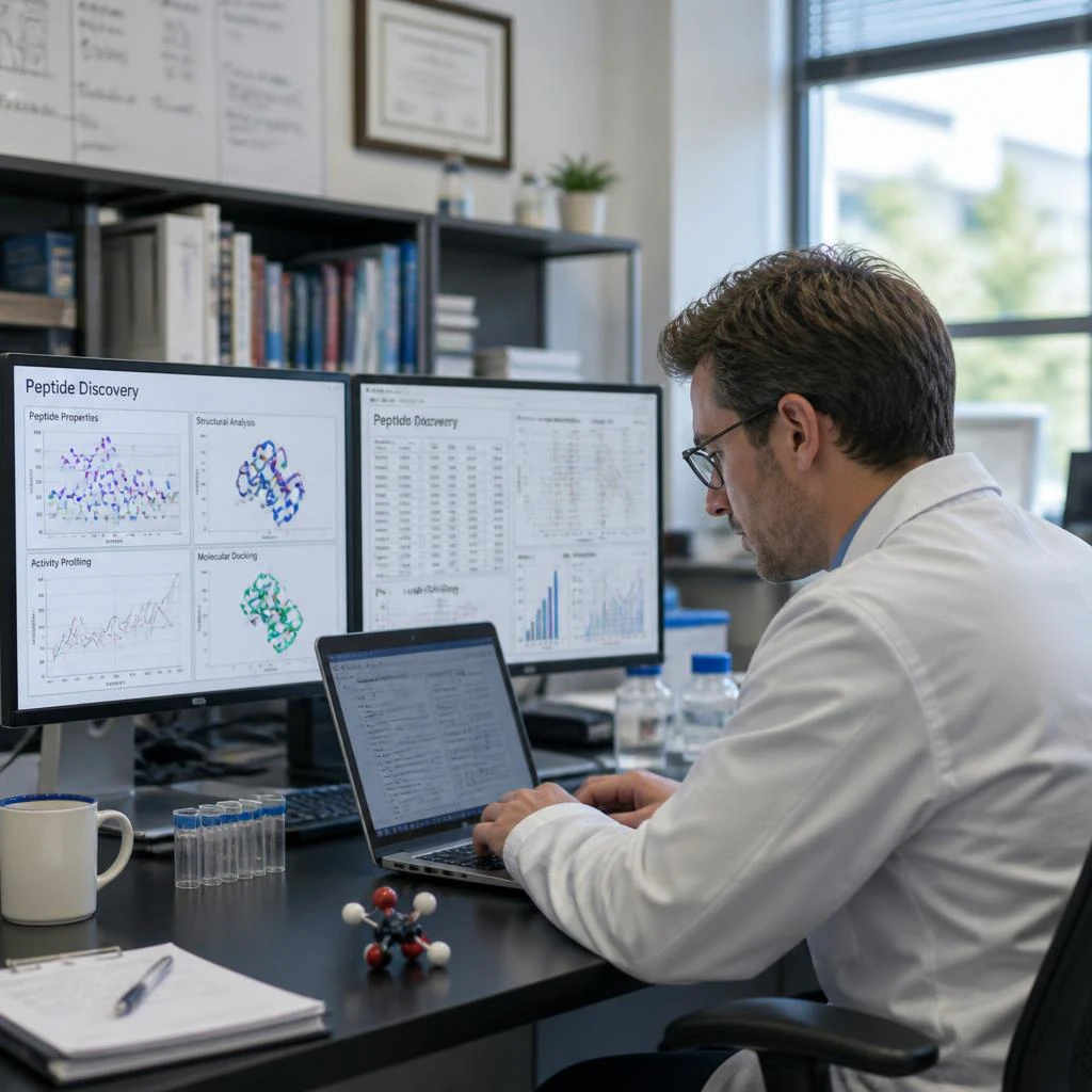 Researcher Analyzing Peptide Discovery Data Workstation